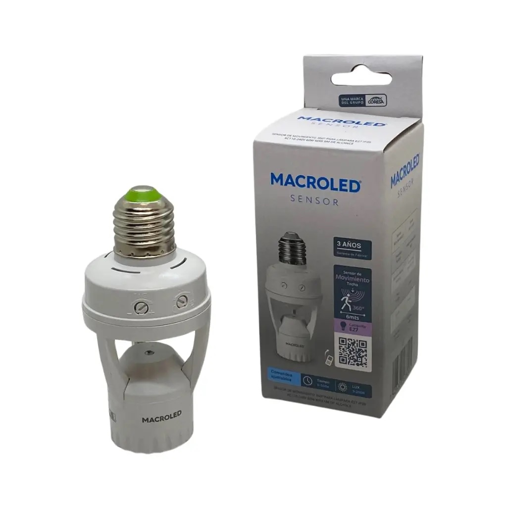 SENSOR DE MOV E27 MACROLED AC110-240V 60W MAX, 6M DE ALCANCE, 360º,IP20