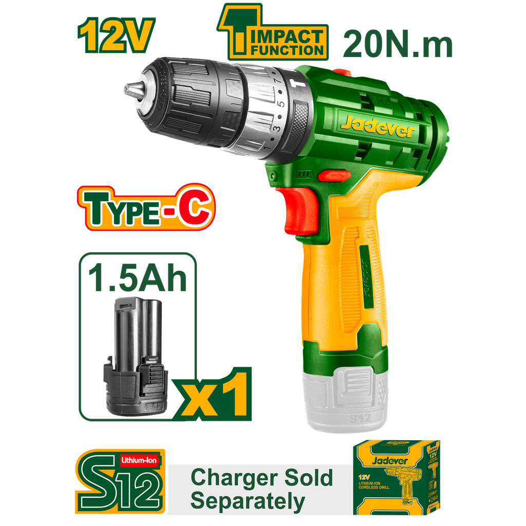 Taladro atornillador inalámbrico 12V 1500rpm 2 velocidades - Jadever