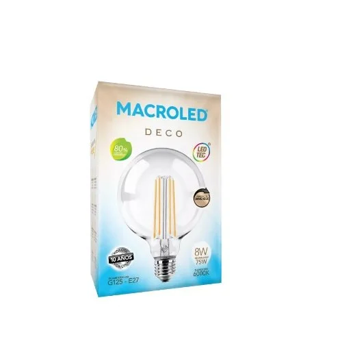 BULBO G125 FILAMENTO MACROLED 8W E27 AC180-265V CALIDO 2700K DIM