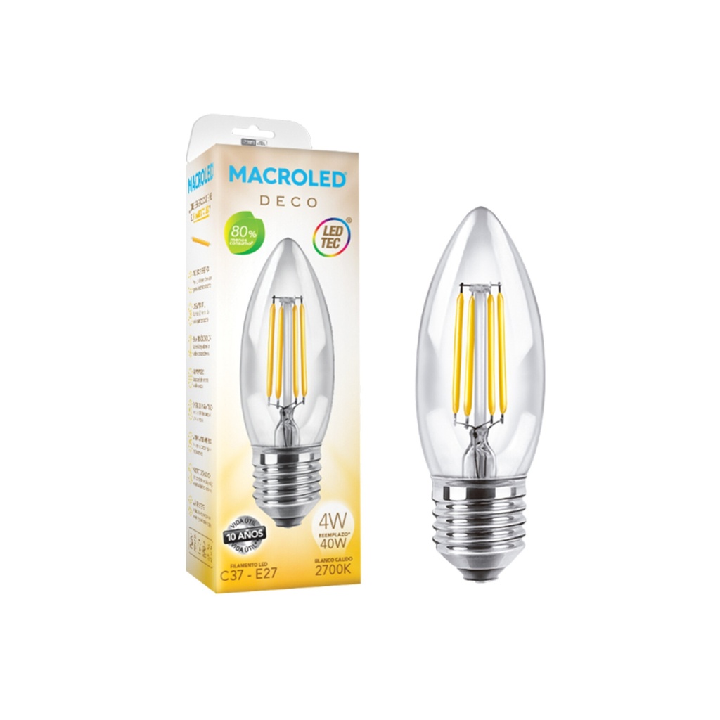 LAMPARA VELA 4W FILAMENTO CALIDO E27 MACROLED 
