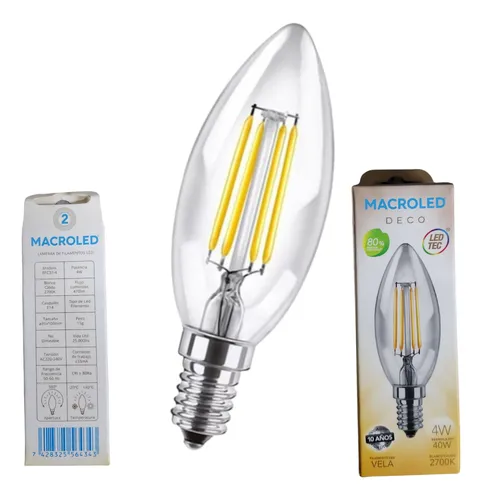 LAMPARA VELA DECO 4W FILAMENTO CALIDO E14 MACROLED 