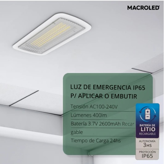 LUZ DE EMERGENCIA IP 65 PARA APLICAR O EMBUTIR, AC100-240V, 400LM, BATERIA 3.7V 2400mAh, 4-6HS, BCO FRIO 7000K