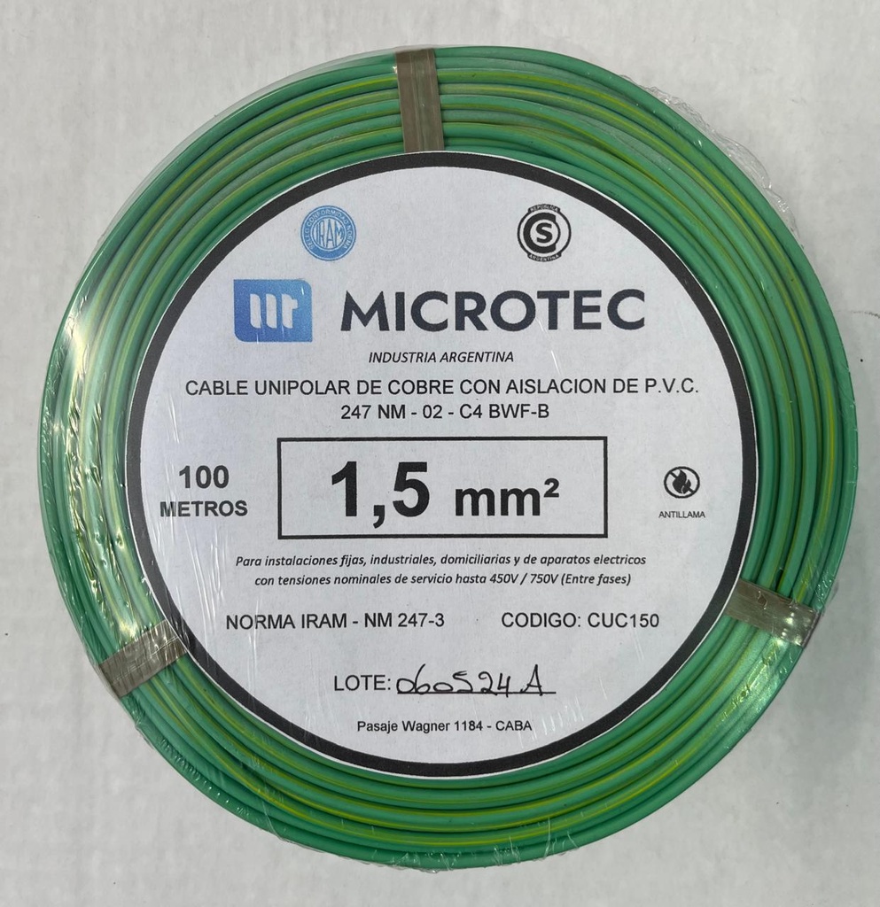 Cable 1x1,5 verde/a C4 rollo 100m MICROTEC 