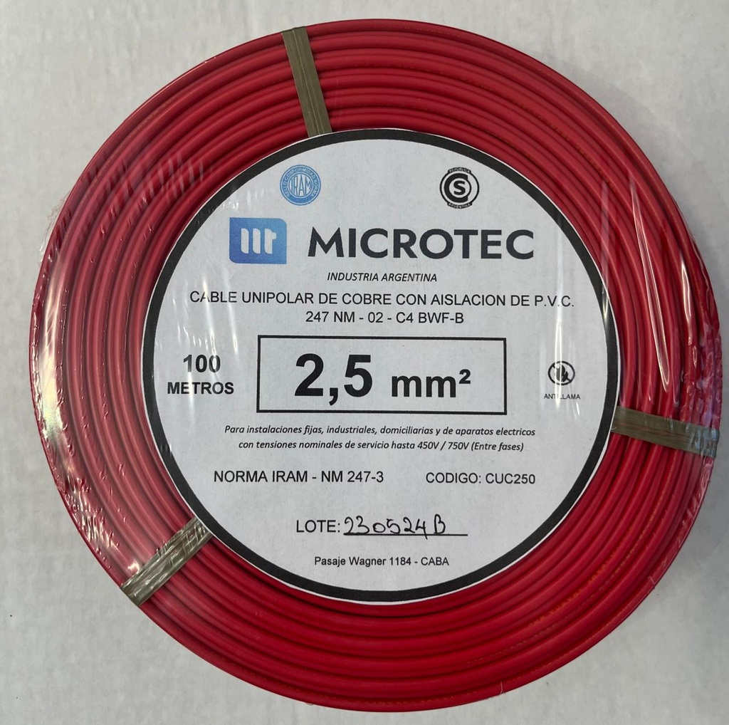 Cable 1x2,5 rojo C4 rollo 100m MICROTEC 