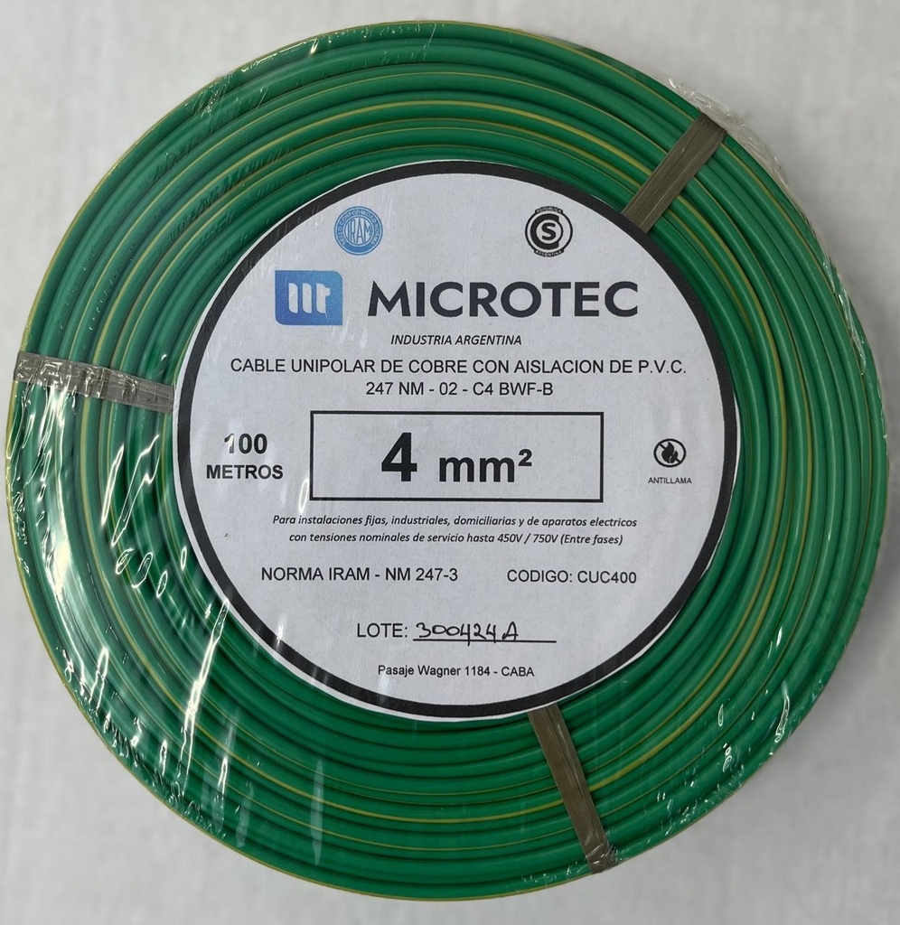 Cable 1x4 verde/a C4 rollo 100m MICROTEC 