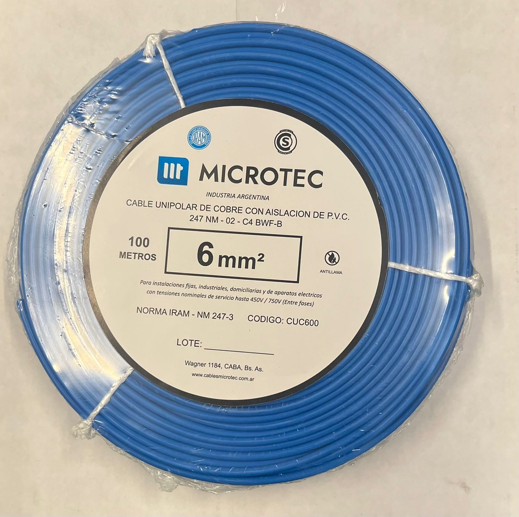 Cable 1x6 celeste C4 rollo 100m MICROTEC 