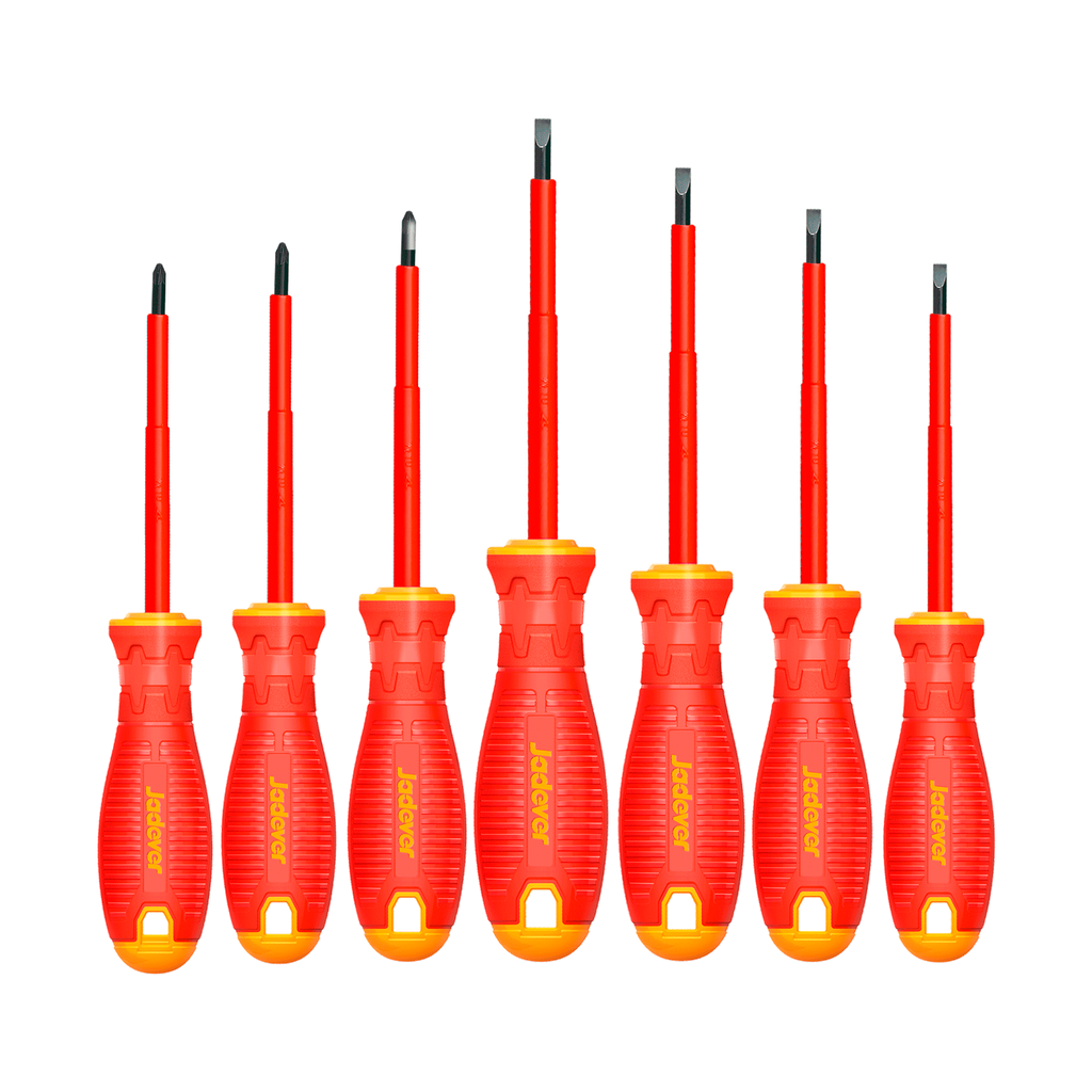 KIT DE DESTORNILLADORES AISLADOS DE 7 PIEZAS - PLANOS: SL3.0 - SL4.0 - SL5.5 - SL6.5 + PHILLIPS: PH0 - PH1 - PH2 - AILSACIÓN: 1000V - MANGO DE AGARRE SUAVE ROJO