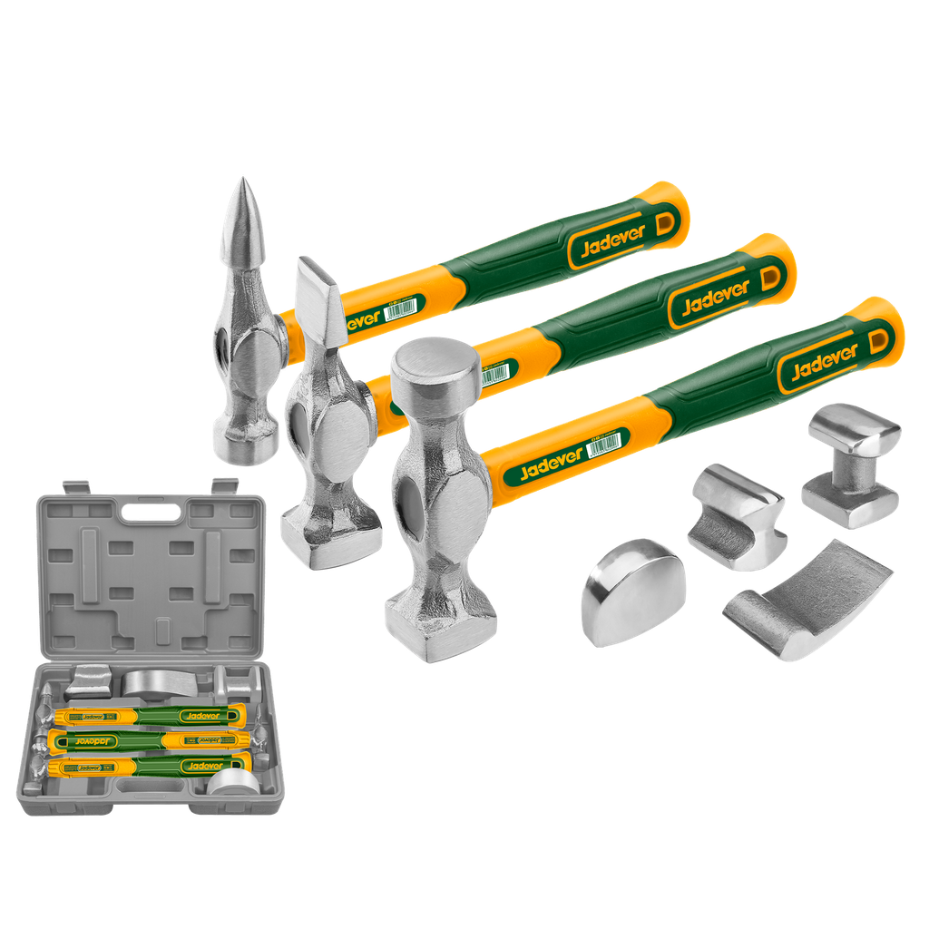 KIT DE MARTILLOS PARA CARROCERÍA Y GUARDABARROS DE 7 PIEZAS (MANGO DE NOGAL GENUINO): 3 MARTILLOS DE PRECISIÓN + 3 PLATAFORMAS PARA DAR FORMA + 1 TACÓN DORRY