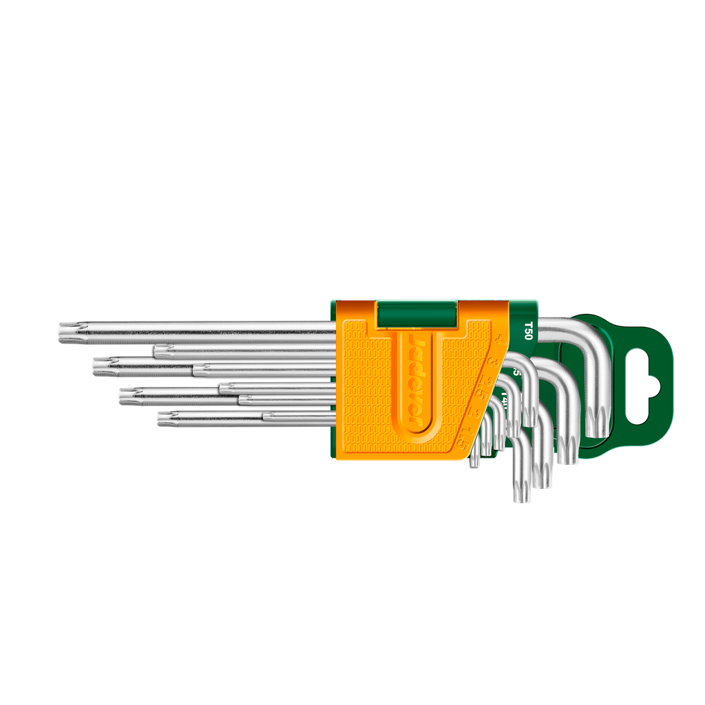 KIT DE LLAVES TORX DE 9 PIEZAS - BRAZO LARGO - ACERO CR-V - TAMAÑO: T10, T15, T20, T25, T27, T30, T40, T45, T50