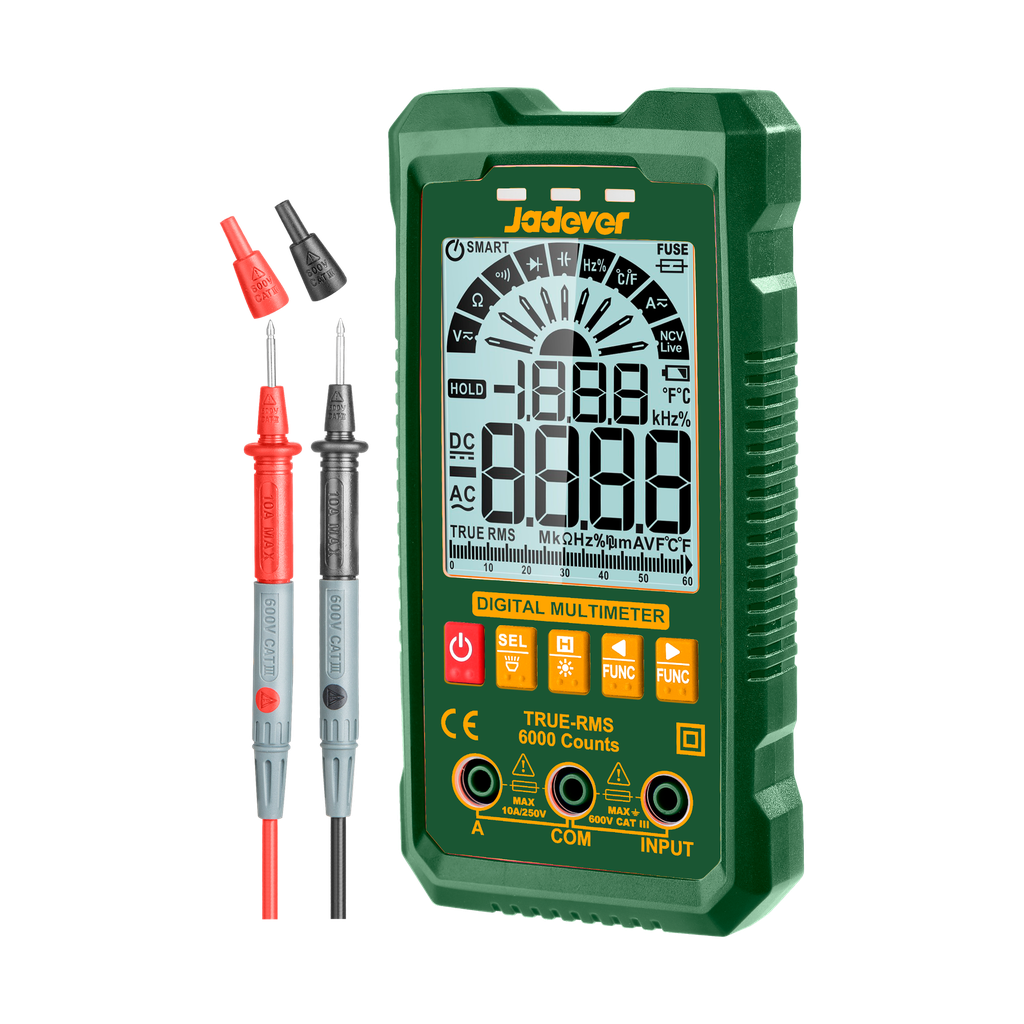Multímetro digital true rms 6000 cuentas voltaje cc 600mv~600v voltaje ca 6v~600v corriente cc / ca a~10a resistencia 600?~? capacitancia 6nf~f frecuencia 6hz~hz Jadever