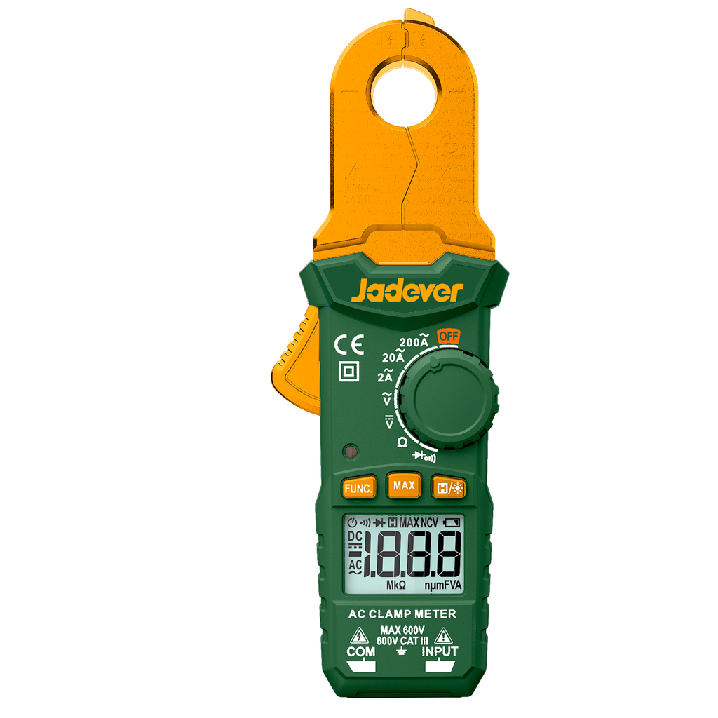 Pinza amperimétrica cc/ca pantalla 2000 cuentas corriente ca / cc 2a~200a voltaje ca 2v~600v voltaje cc 200mv~600 v resistencia 200?~? capacitancia 2nf~f prueba diodo Jadever