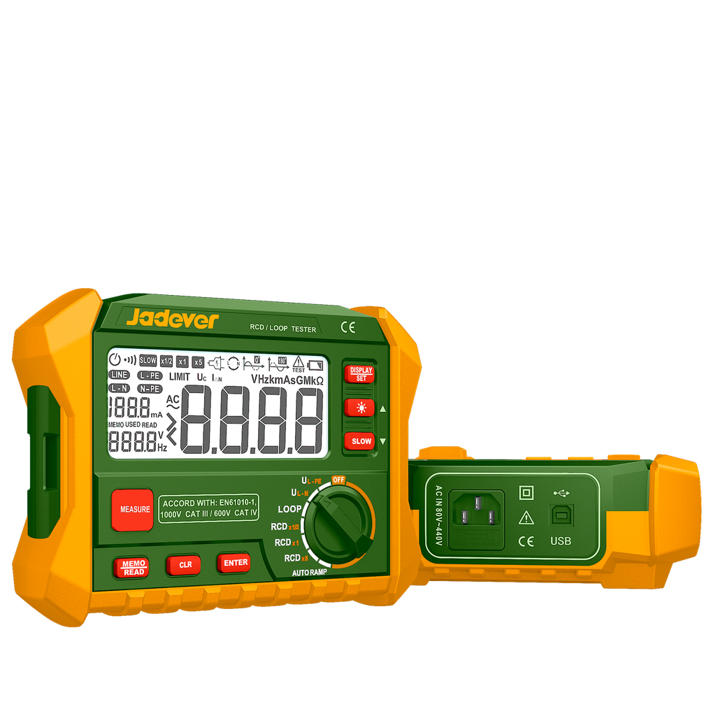 Probador rcd/loop rcd (x1/2 x1 x5) loop voltaje (l-m l-pe) ángulo fase 0° 180° en61010-1 1000v cat iii / 600v cat iv interfaz usb 2.0 resistencia bucle 01 ~ 2000? Jadever