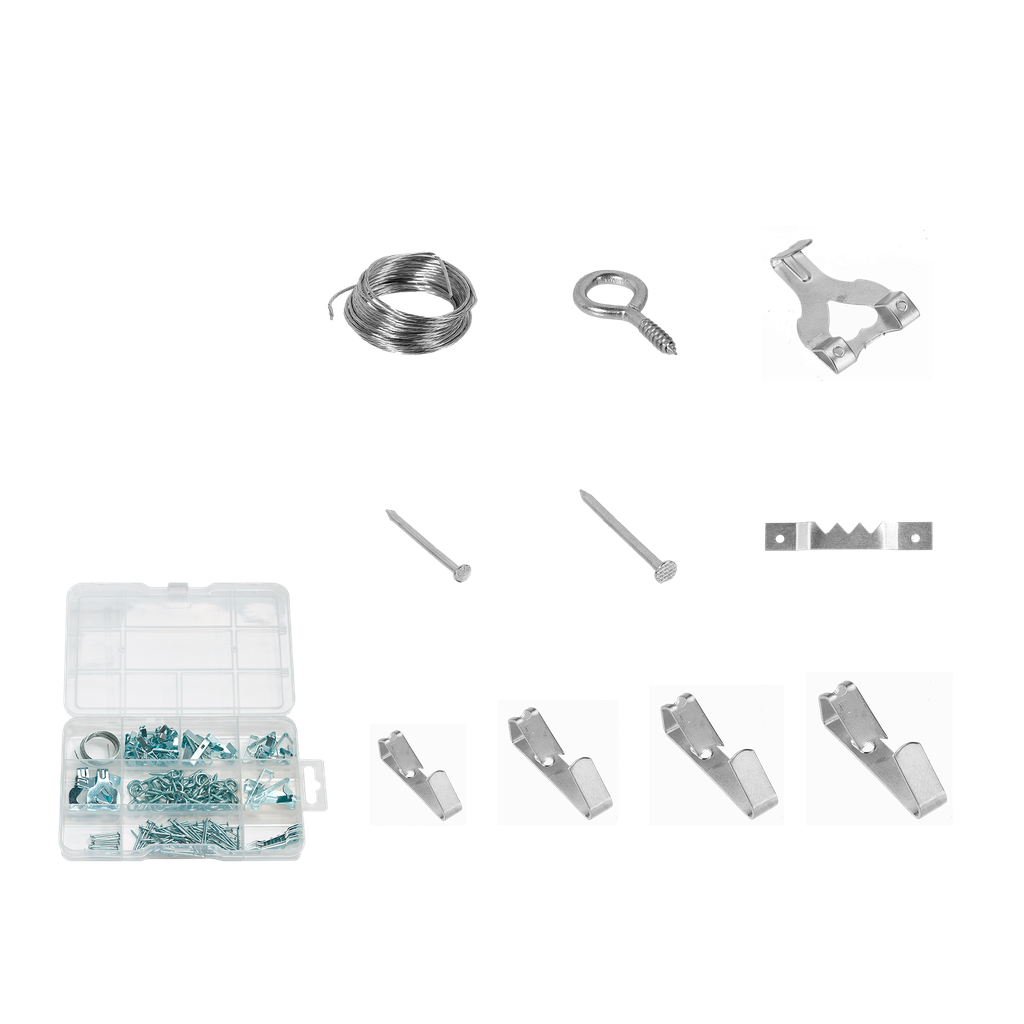Kit suspension cuadros 201 piezas acero al c 54 ganchos + 50 tornillos + 96 clavos + 1 rollo alambre Jadever