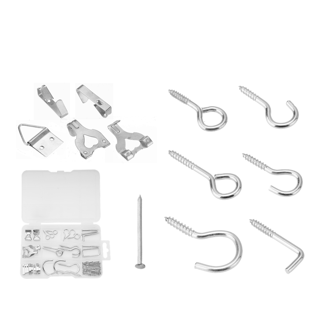 Kit ganchos 140 piezas acero al c 36 ganchos cuadro + 16 pitones abiertos + 24 pitones cerrados + 8 piton escuadra + 56 clavos comunes Jadever