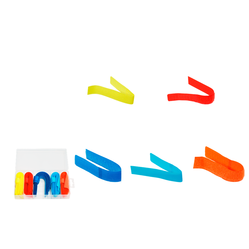 Juego cintas velcro 50 piezas material poliester 20 x 180mm 10 rojo + 10 naranja + 10 azul + 10 celeste + 10 amarillo Jadever