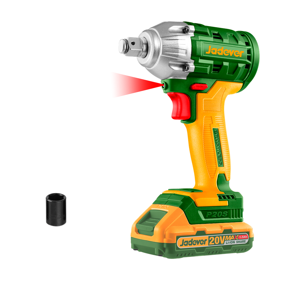 Llave imapcto brushless 1/2'' inalámbrico 2300 rpm / 3300 bpm 2 baterías li-ion 1.5ah voltaje 20v par apriete 300nm enchufes 21mm incluye cargador Jadever