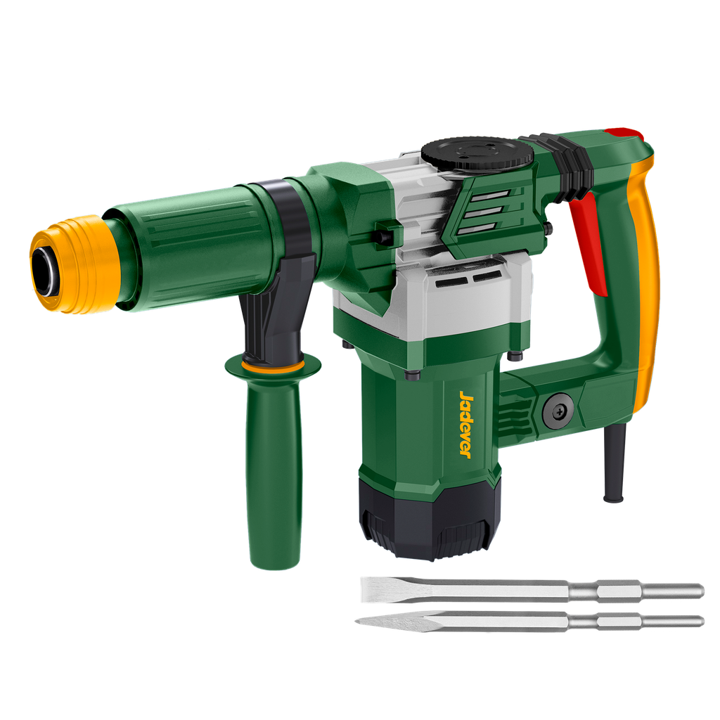Martillo demolición 1300w voltaje 220-240v 50/60hz tasa impacto 3700bmp fuerza impacto 15j sistema antivibraciones sistema mandril hexagonal 6kg 2 cinceles Jadever