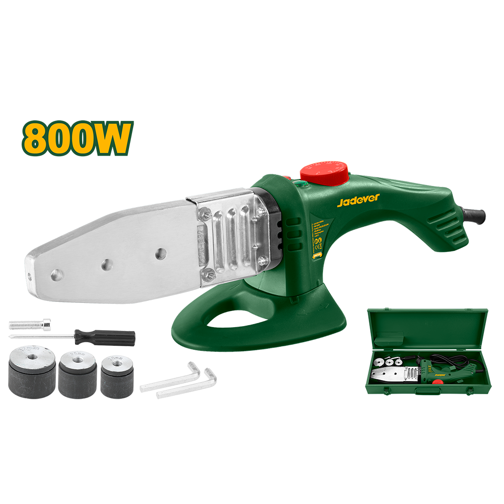 Termofusora 800w voltaje 220-240v 50/60hz diámetro soldadura 20 25 32mm (casquillos incluidos) temperatura trabajo 0 300°c aplicando pp-r pb pe pe-rt incluye accesorios Jadever