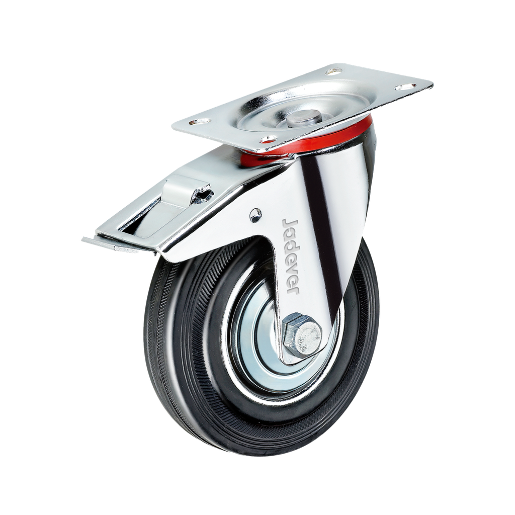 Rueda giratoria freno rodamientos rodillos 5'' (125mm) x carga acero + goma placa superior 102 x altura montaje Jadever