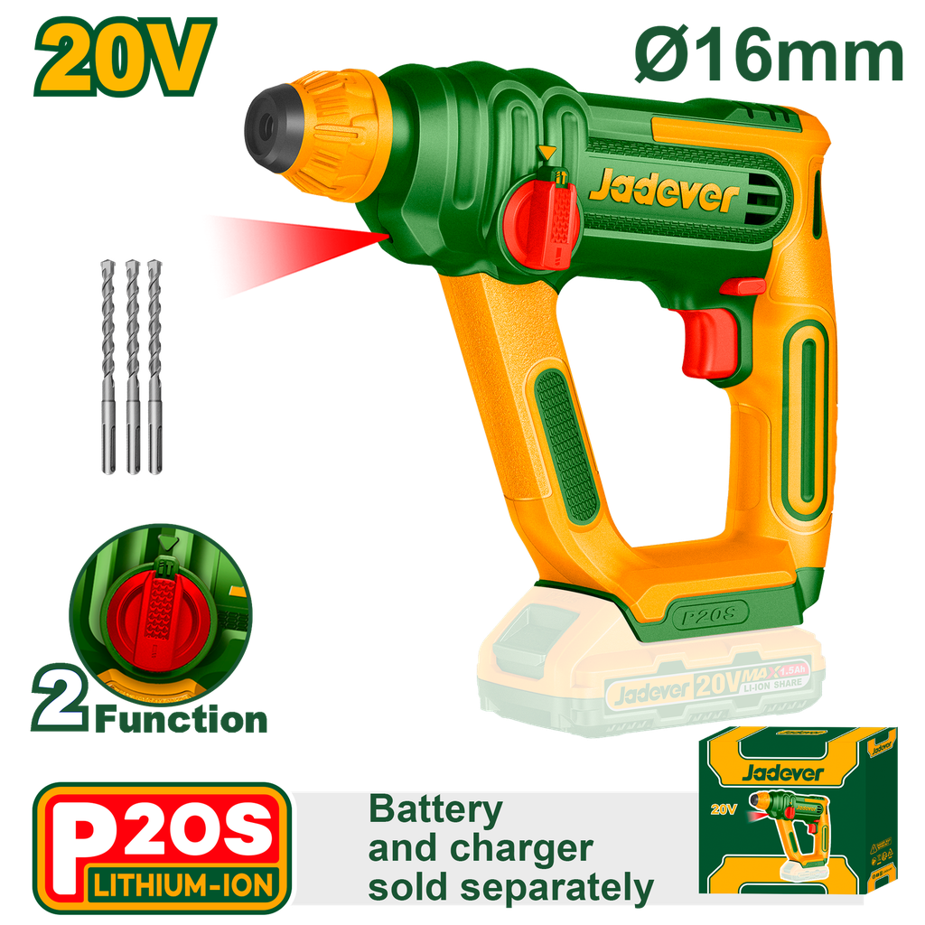 Taladro Rotopercutor Brushless 20V SDS 850rpm + 3 Puntas - Jadever