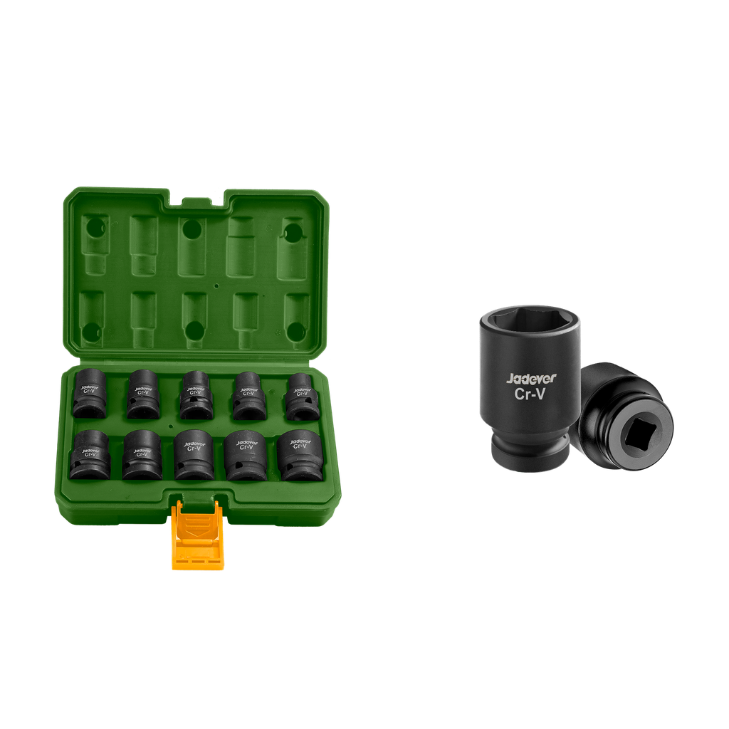 Kit vasos impacto 10 piezas 1/2'' 40mm 10 12 13 14 15 17 19 21 22 material cr-v + trat. térmico Jadever