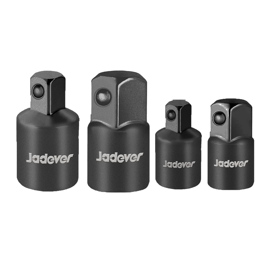 Kit vasos impacto 4 piezas 1/2'' tamaños 1/4''(f) 3/8''(m) 3/8''(f) 1/4''(m) 3/8''(f) 1/2''(m) 1/2''(h) 3/8''(m) acero 50bv30 (cr-v) + trat. térmico Jadever
