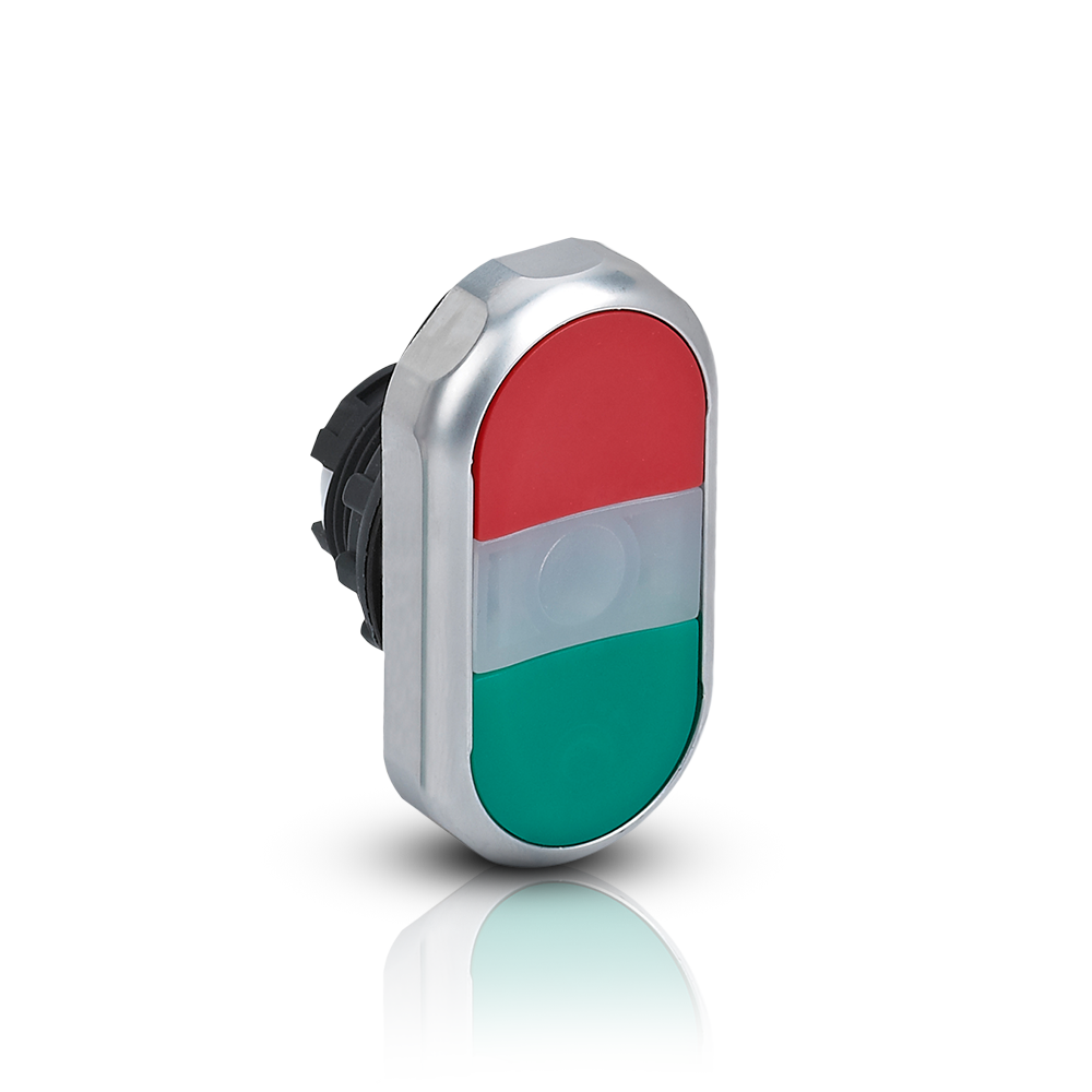 PULSADOR LUMINOSO DOBLE 22 MM - NP8 - COLOR VERDE/BLANCO/ROJO 24VCA/CC - C/1NA+ 1NC