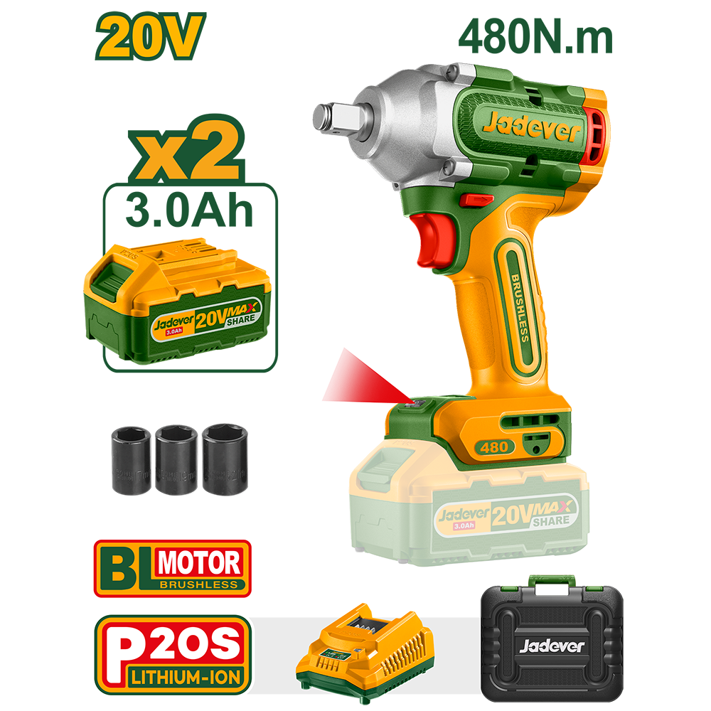 Set Llave de Impacto 20V + 2 Bat 3A + Valija Bateria 2A x2 2200rpm 480Nm Jadever