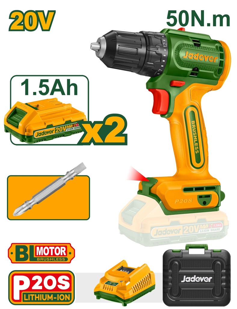 Taladro atornillador inalámbrico 20v 2000rpm con 2 baterías + maletín - Jadever