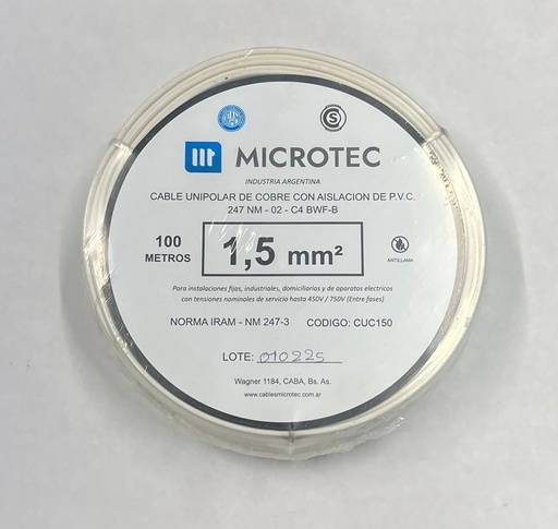 [CUC150B] Cable 1x1,5 blanco C4 rollo 100m MICROTEC 