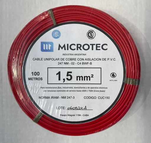 [CUC150R] Cable 1x1,5 rojo C4 rollo 100m MICROTEC 