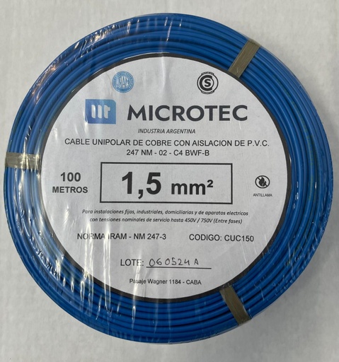 [CUC150C] Cable 1x1,5 celeste C4 rollo 100m MICROTEC 