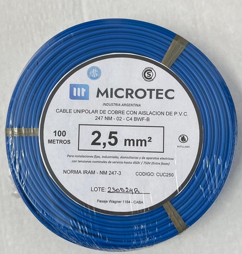 [CUC250C] Cable 1x2,5 celeste C4 rollo 100m MICROTEC 