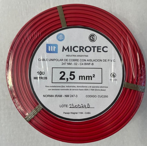 [CUC250R] Cable 1x2,5 rojo C4 rollo 100m MICROTEC 
