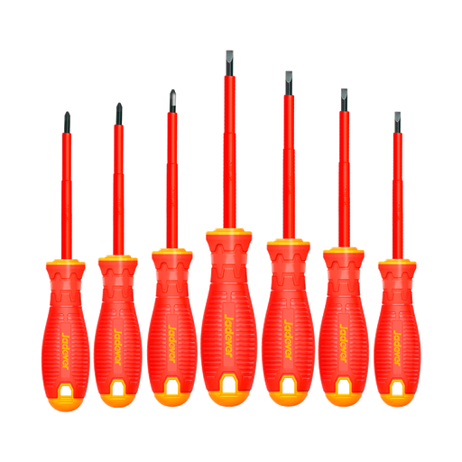 [JDSS7407] KIT DE DESTORNILLADORES AISLADOS DE 7 PIEZAS - PLANOS: SL3.0 - SL4.0 - SL5.5 - SL6.5 + PHILLIPS: PH0 - PH1 - PH2 - AILSACIÓN: 1000V - MANGO DE AGARRE SUAVE ROJO