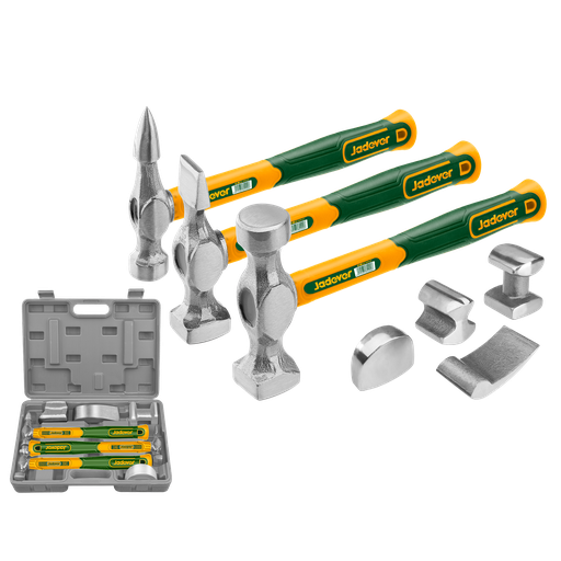 [JDHZ1D07] KIT DE MARTILLOS PARA CARROCERÍA Y GUARDABARROS DE 7 PIEZAS (MANGO DE NOGAL GENUINO): 3 MARTILLOS DE PRECISIÓN + 3 PLATAFORMAS PARA DAR FORMA + 1 TACÓN DORRY