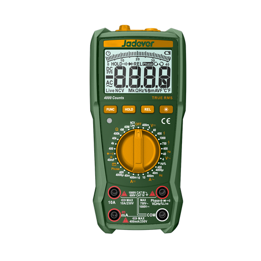 [JDDM2502] Multímetro digital 4000 cuentas rms reales voltaje cc 400mv~1000v voltaje ca 4v~750v corriente cc 40?a~10a corriente ca a~10a resistencia 400?~? capacitancia 10nf~f Jadever
