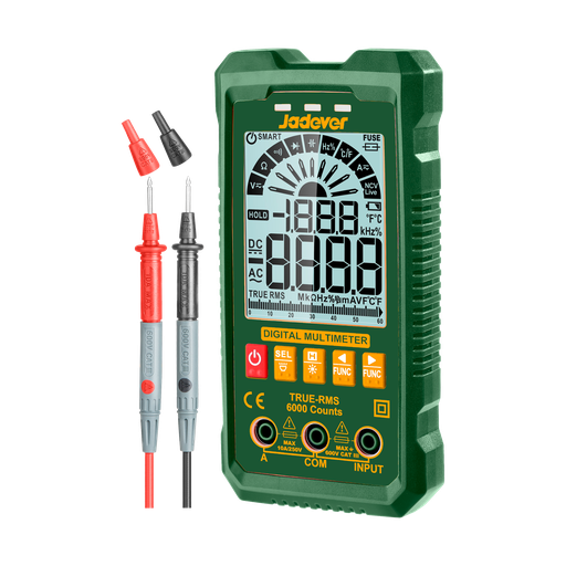 [JDDM1507] Multímetro digital true rms 6000 cuentas voltaje cc 600mv~600v voltaje ca 6v~600v corriente cc / ca a~10a resistencia 600?~? capacitancia 6nf~f frecuencia 6hz~hz Jadever