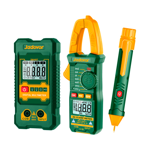 [JDDM94011] Kit prueba eléctrica 3 1 1 pinza amperimétrica digital ca/cc 2000 cuentas hasta 200a 600v 20m? + ultímetro digital cc/ca 2000 cuentas hasta 600v 600k? + 1 detector voltaje ca Jadever