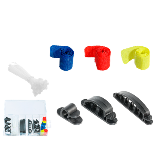 [JDFKBB01] Kit organizador cables 71 piezas pa + pe + acero al c 6 portacables grandes + 4 portacables mediano + 8 portacables chico + 50 precintos 100mm + 6 cintas velcro Jadever