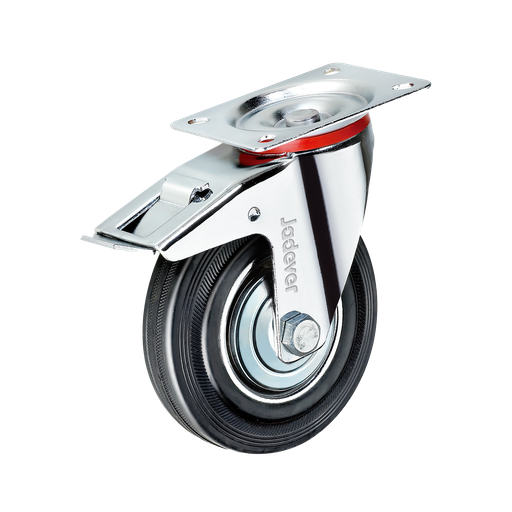 [JDJL3353] Rueda giratoria freno rodamientos rodillos 5'' (125mm) x carga acero + goma placa superior 102 x altura montaje Jadever