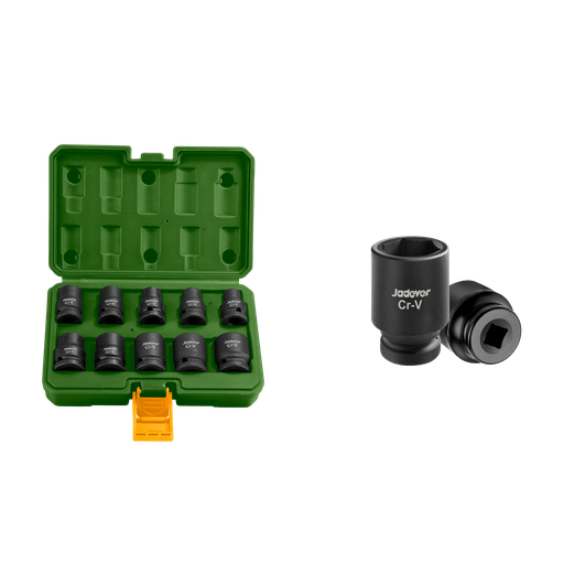 [JDMS1D01] Kit vasos impacto 10 piezas 1/2'' 40mm 10 12 13 14 15 17 19 21 22 material cr-v + trat. térmico Jadever