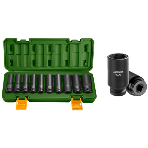 [JDMS2D02] KIT DE VASOS DE IMPACTO DE 10 PIEZAS DE 1/2'' - 78MM - TAMAÑO: 10, 12, 13, 14, 15, 17, 19, 21, 22, 24MM - MATERIAL: CR-V + TRAT. TÉRMICO