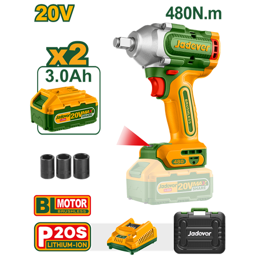 [JDCD1B48-4] Set Llave de Impacto 20V + 2 Bat 3A + Valija Bateria 2A x2 2200rpm 480Nm Jadever