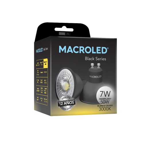 [BCPS-DP-GU10-20WW] Dicroica 7W Cálido Negra  Macroled