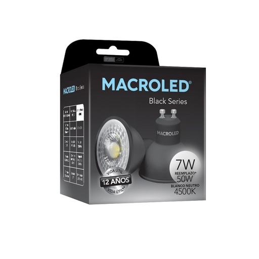 [BCPS-DP-GU10-20NW] Dicroica 7W Neutro Negra Macroled